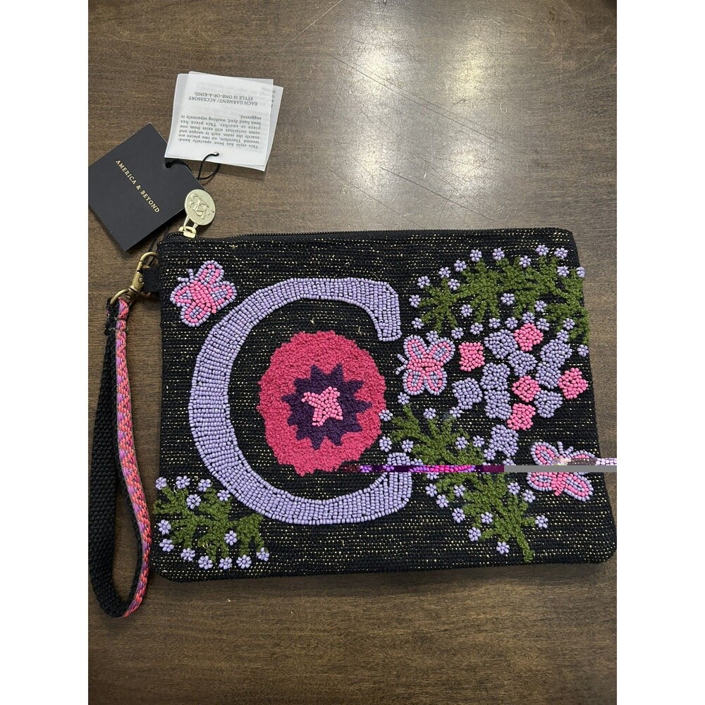 America and Beyond “C” Beaded Wristlet Clutch Floral Handbag Zip Pouch Purse